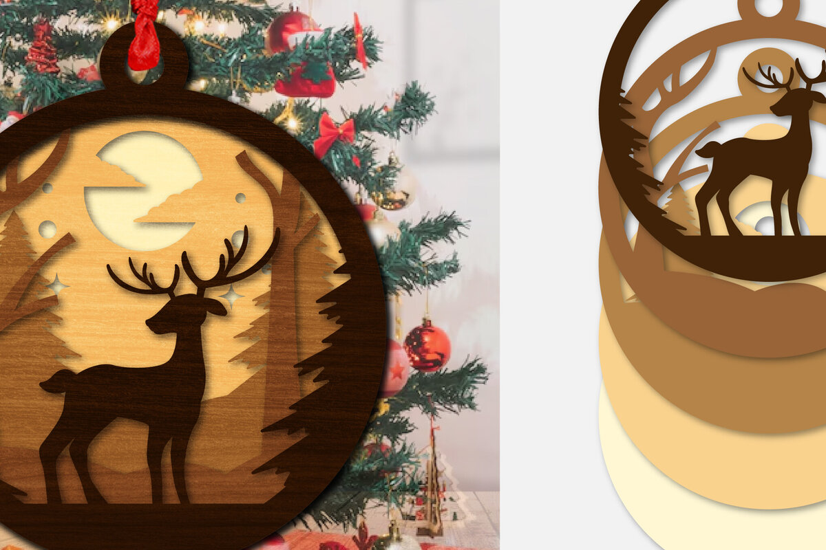Σετ των 3 Intra απο ξύλο plywood 3mm-4mm πάχος Χριστουγεννιάτικο Στρογγυλό Στολίδι Ελαφιού  Δίασταση 8x8 cm INTRAFABR-111165445