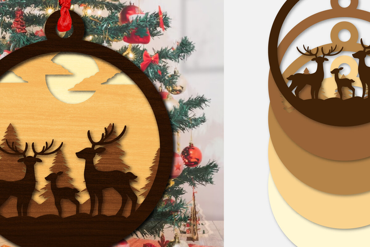 Σετ των 3 Intra απο ξύλο plywood 3mm-4mm πάχος Χριστουγεννιάτικο Στρογγυλό Στολίδι Ελαφιού  Δίασταση 8x8 cm INTRAFABR-111165512