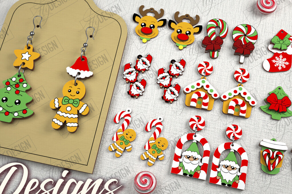 Σετ των 3 Intra απο ξύλο plywood 3mm-4mm πάχος Χριστουγεννιάτικων Σκουλαρίκια | Κοσμήματα |CNC Δίασταση 3x3 cm INTRAFABR-107179681