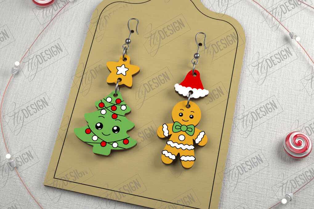 Σετ των 3 Intra απο ξύλο plywood 3mm-4mm πάχος Χριστουγεννιάτικα Σκουλαρίκια | Ιδέα για δώρο διακοπών Δίασταση 3x3 cm INTRAFABR-107177781