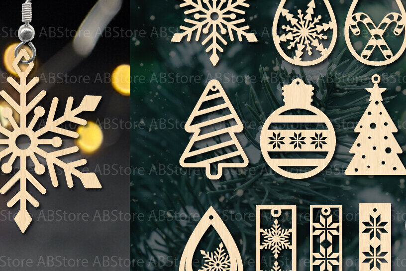 Σετ των 3 Intra απο ξύλο plywood 3mm-4mm πάχος Χριστουγεννιάτικα σκουλαρίκια Δίασταση 3x3 cm INTRAFABR-110001999