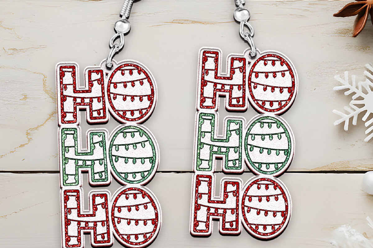 Σετ των 3 Intra απο ξύλο plywood 3mm-4mm πάχος Χριστουγεννιάτικα σκουλαρίκια με λέιζερ. Χο Χο Χο. Δίασταση 4x4 cm INTRAFABR-108964818