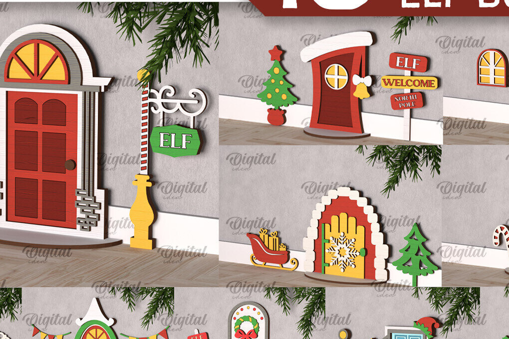 Σετ των 2 Intra απο ξύλο plywood 3mm-4mm πάχος Δέσμη κοπής με λέιζερ Χριστουγεννιάτικες πόρτες ξωτικών Δίασταση 15x15 cm INTRAFABR-104365304