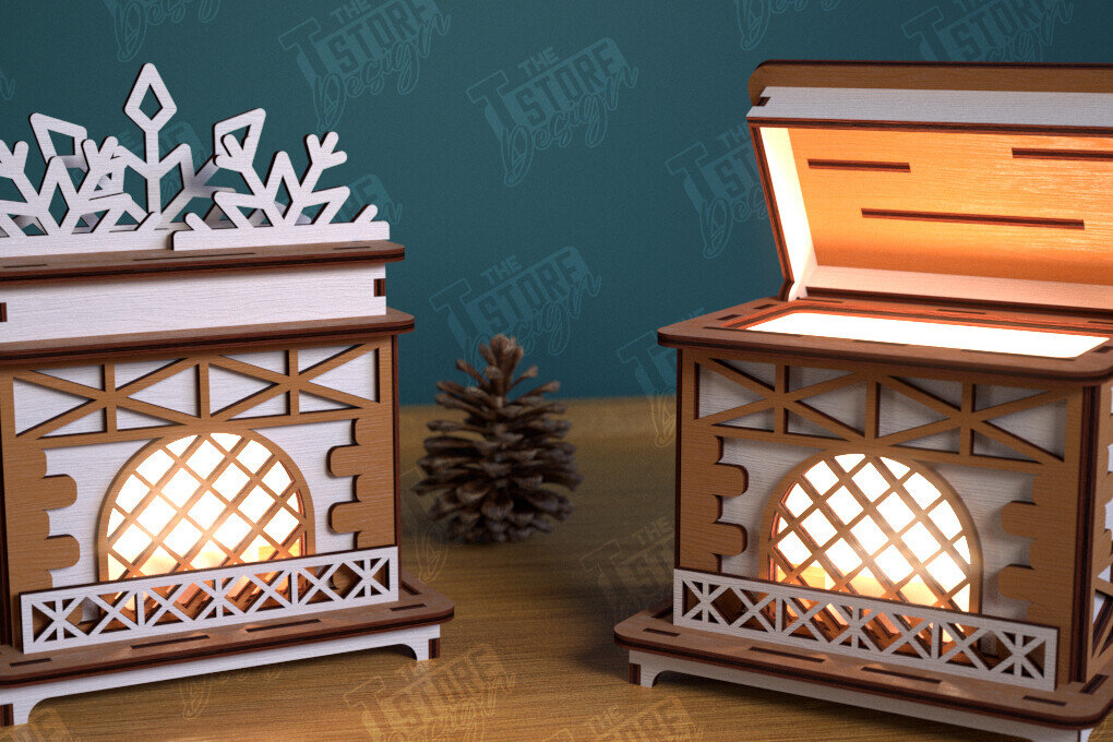 Σετ των 2 Intra απο ξύλο plywood 3mm-4mm πάχος Χριστουγεννιάτικο Τζάκι Κηροπήγιο | CNC Δίασταση 15x15 cm INTRAFABR-106604367