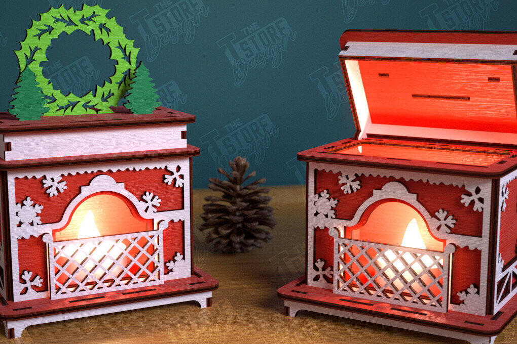 Σετ των 2 Intra απο ξύλο plywood 3mm-4mm πάχος Χριστουγεννιάτικο Τζάκι Κηροπήγιο | CNC Δίασταση 15x15 cm INTRAFABR-106604333