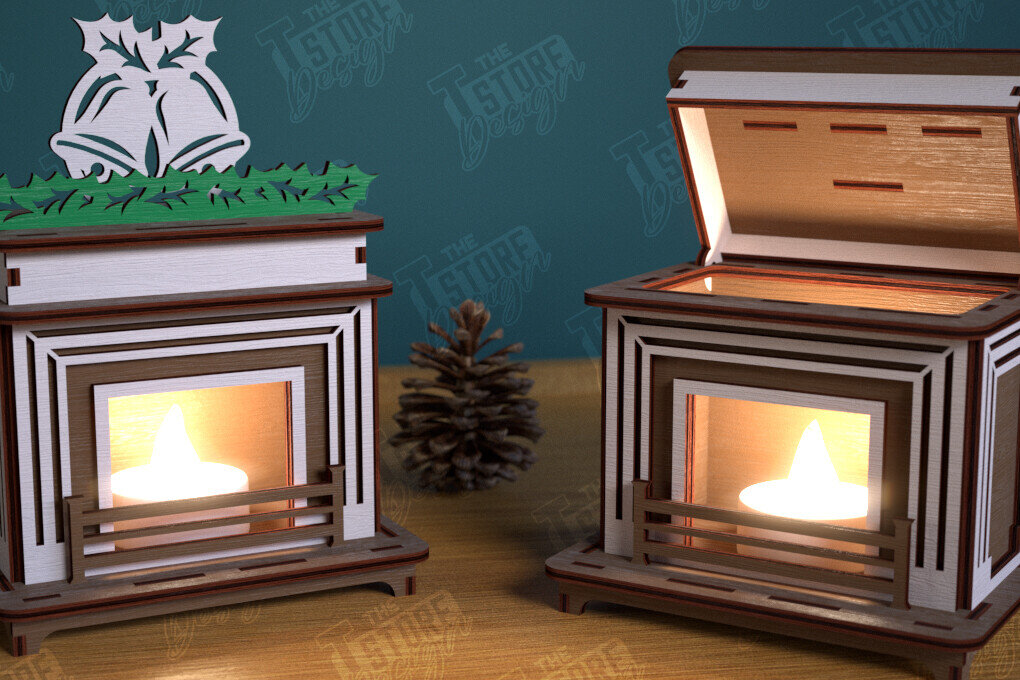 Σετ των 2 Intra απο ξύλο plywood 3mm-4mm πάχος Χριστουγεννιάτικο Τζάκι Κηροπήγιο | CNC Δίασταση 15x15 cm INTRAFABR-106604356