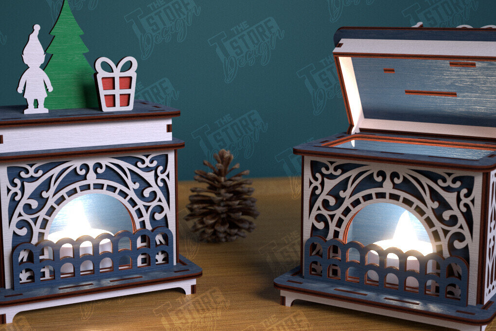 Σετ των 2 Intra απο ξύλο plywood 3mm-4mm πάχος Χριστουγεννιάτικο Τζάκι Κηροπήγιο | CNC Δίασταση 15x15 cm INTRAFABR-106604361