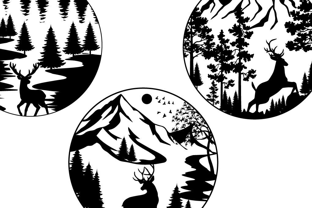 Σετ των 2 Intra απο ξύλο plywood 3mm-4mm πάχος Χριστουγεννιάτικο Δάσος Σκηνή Ελάφια Δίασταση 15x15 cm INTRAFABR-80480389