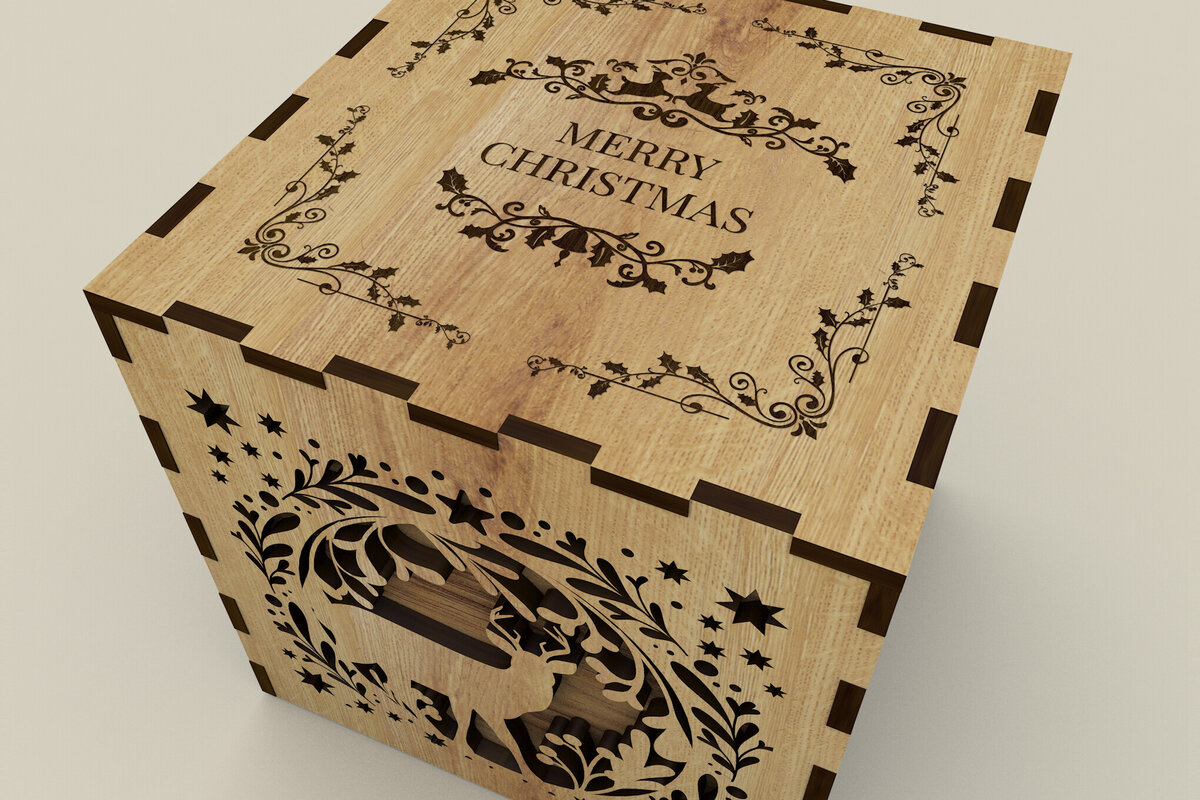 Σετ των 2 Intra απο ξύλο plywood 3mm-4mm πάχος Χριστουγεννιάτικο κουτί δώρου με ελάφια Δίασταση 15x15 cm INTRAFABR-108828253