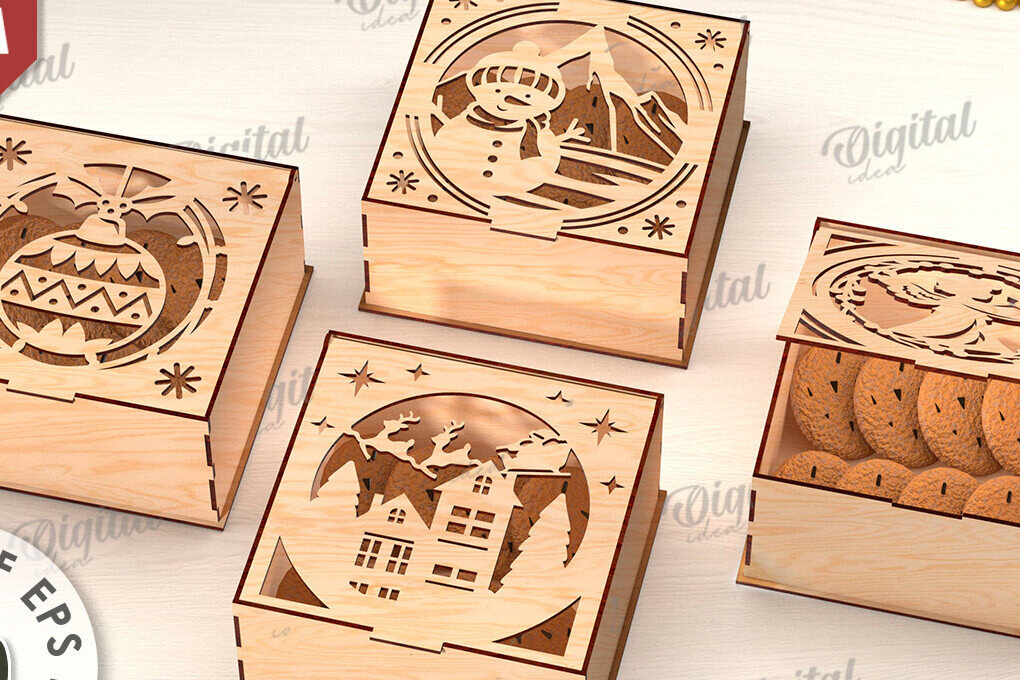 Σετ των 3 Intra απο ξύλο plywood 3mm-4mm πάχος Κουτιά δώρου Χριστουγέννων κοπής με λέιζερ Δίασταση 15x15 cm INTRAFABR-110109984