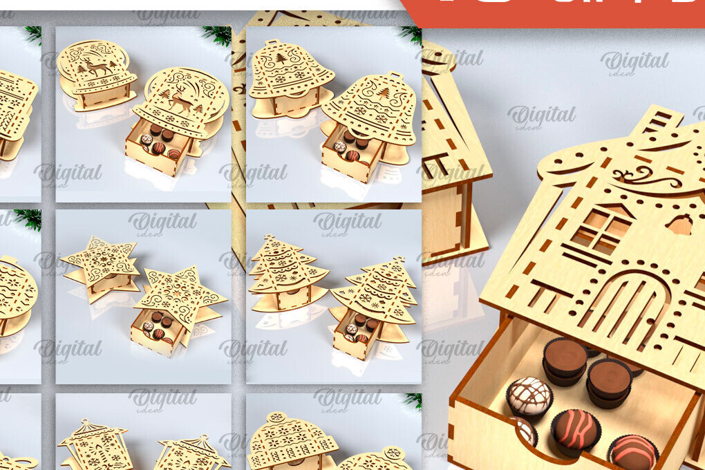 Σετ των 2 Intra απο ξύλο plywood 3mm-4mm πάχος Κουτιά δώρου Χριστουγέννων κοπής με λέιζερ Δίασταση 15x15 cm INTRAFABR-101756807