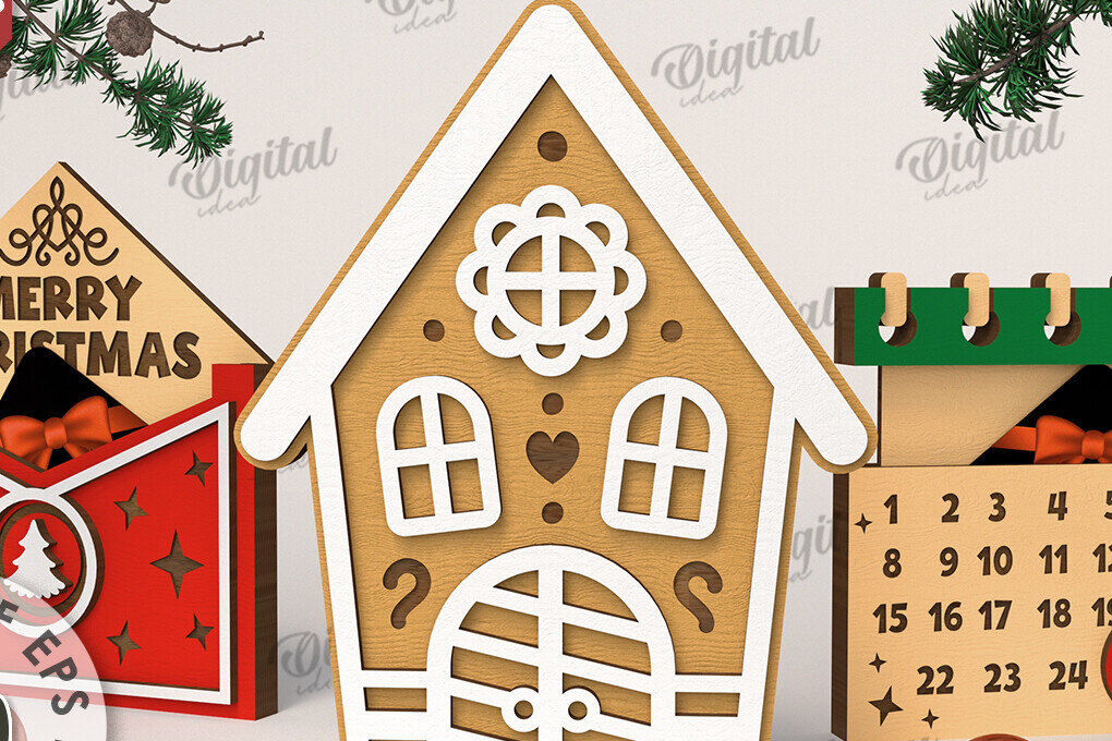 Σετ των 2 Intra απο ξύλο plywood 3mm-4mm πάχος λέιζερ με χριστουγεννιάτικες δωροκάρτες Δίασταση 15x15 cm INTRAFABR-108105235