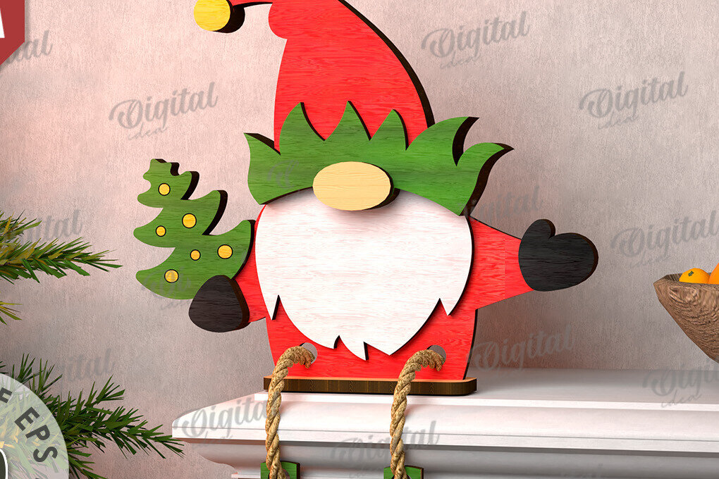 Σετ των 2 Intra απο ξύλο plywood 3mm-4mm πάχος Σχέδιο κοπής με λέιζερ Χριστουγεννιάτικο Gnome Δίασταση 15x15 cm INTRAFABR-109278261