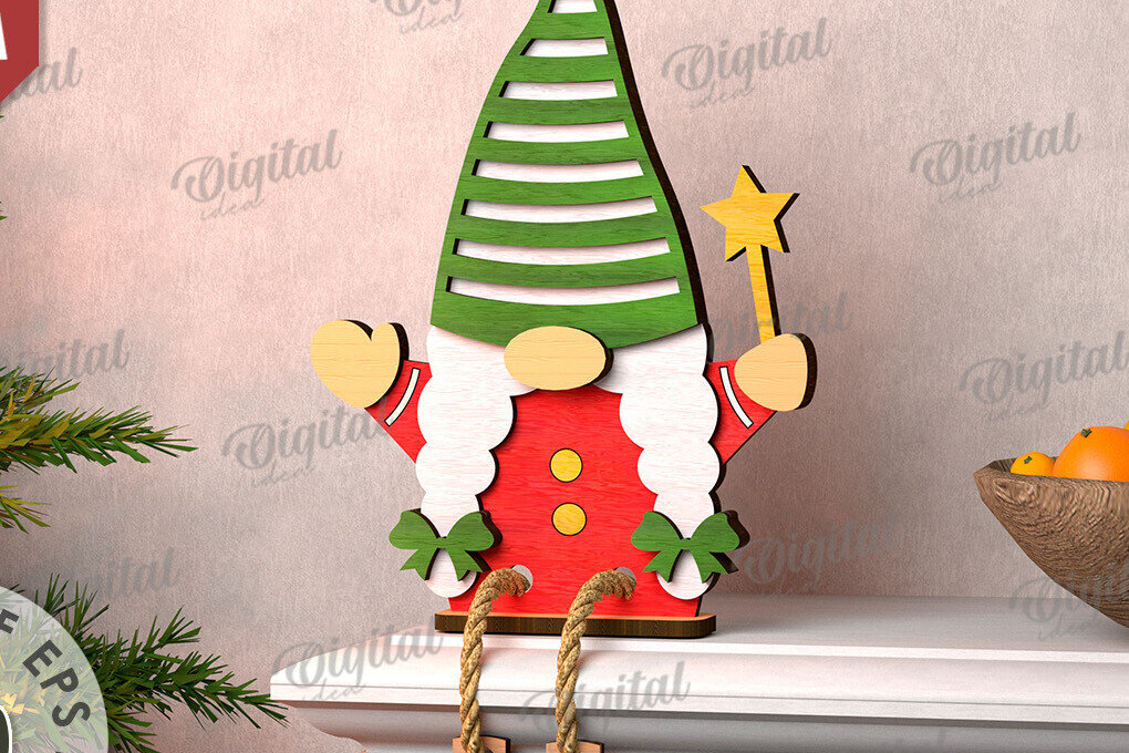 Σετ των 2 Intra απο ξύλο plywood 3mm-4mm πάχος Σχέδιο κοπής με λέιζερ Χριστουγεννιάτικο Gnome Δίασταση 15x15 cm INTRAFABR-109277368