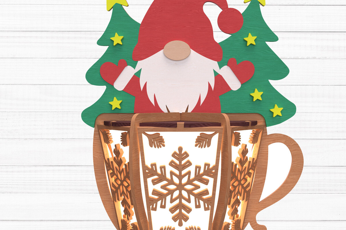 Intra απο ξύλο plywood 3mm-4mm πάχος Χριστουγεννιάτικο Gnome Κούπα Φανάρι Δίασταση 30x20 cm INTRAFABR-109837286