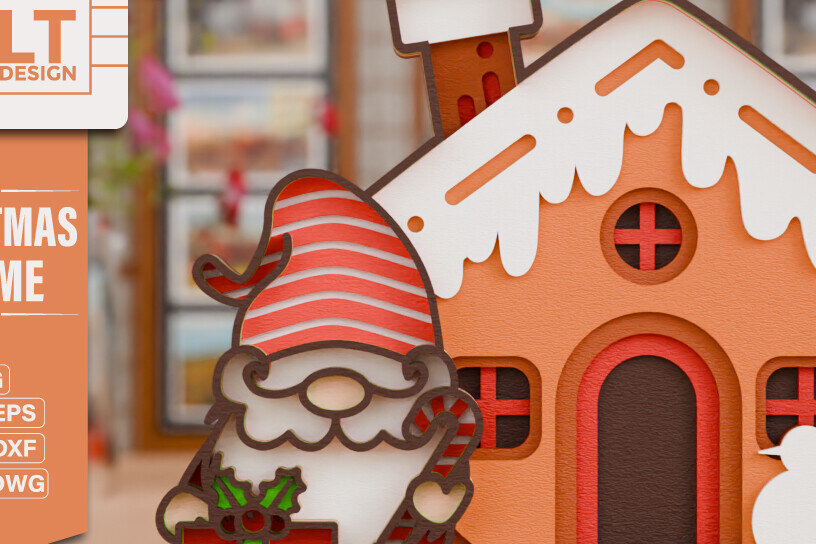 Intra απο ξύλο plywood 3mm-4mm πάχος Χριστουγεννιάτικο Gnome με House 3D Multilayer Δίασταση 20x30 cm INTRAFABR-112170189