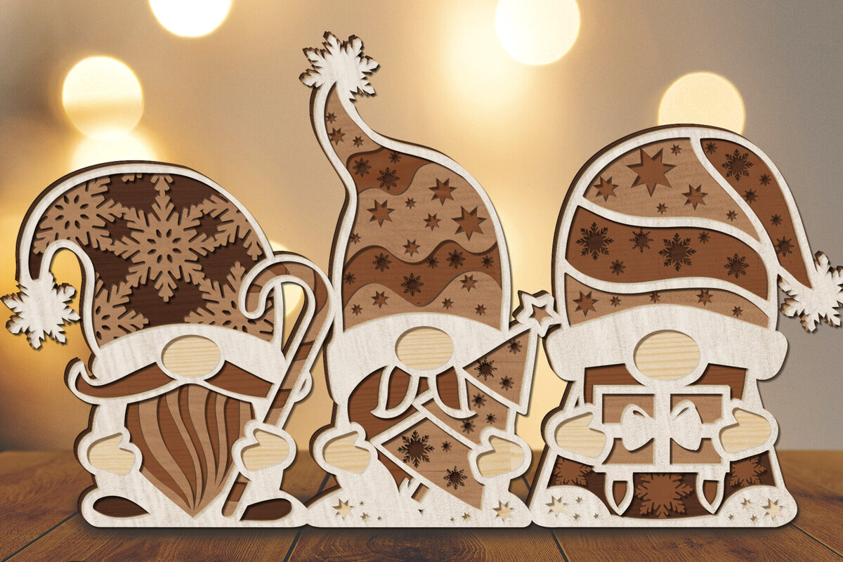 Σετ των 3 Intra απο ξύλο plywood 3mm-4mm πάχος Πρότυπο κοπής πολλαπλών επιπέδων CHRISTMAS GNOMES Δίασταση 4x4 cm INTRAFABR-79773315