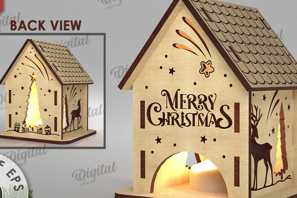 Σετ των 2 Intra απο ξύλο plywood 3mm-4mm πάχος Χριστουγεννιάτικο Σπίτι Κηροπήγιο Δίασταση 15x15 cm INTRAFABR-108507907