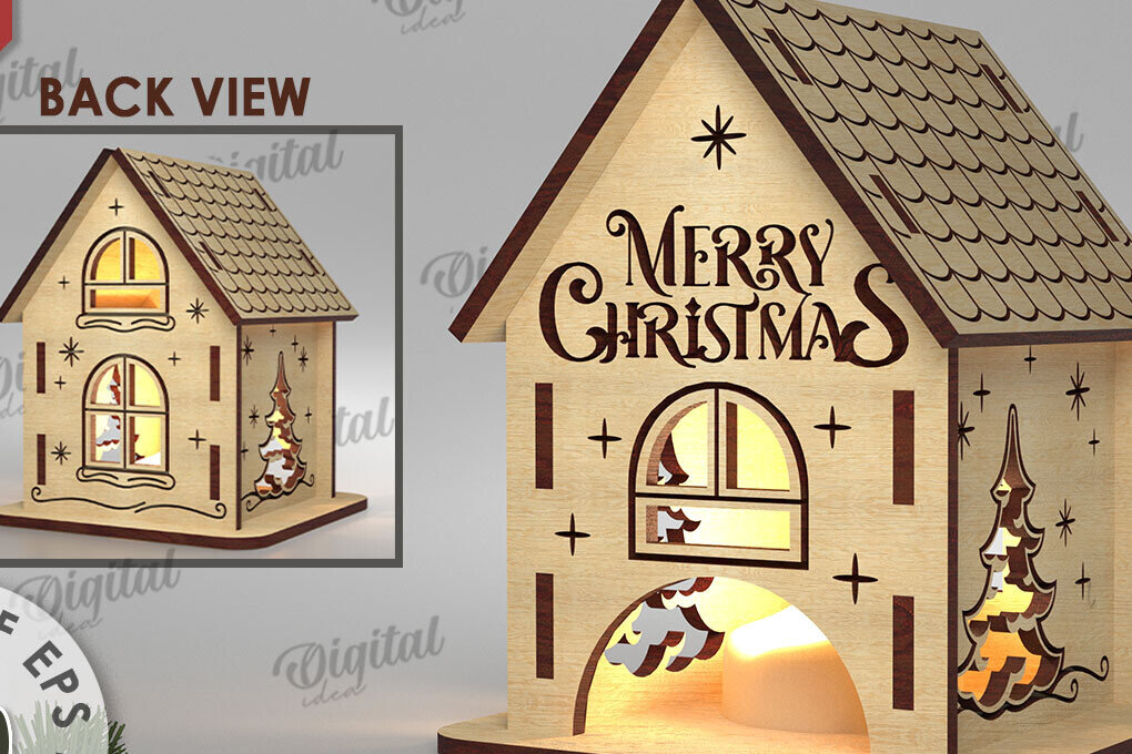 Σετ των 2 Intra απο ξύλο plywood 3mm-4mm πάχος Χριστουγεννιάτικο Σπίτι Κηροπήγιο Δίασταση 15x15 cm INTRAFABR-108506644