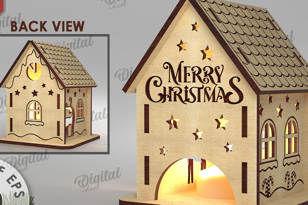 Σετ των 2 Intra απο ξύλο plywood 3mm-4mm πάχος Χριστουγεννιάτικο Σπίτι Κηροπήγιο Δίασταση 15x15 cm INTRAFABR-108506932