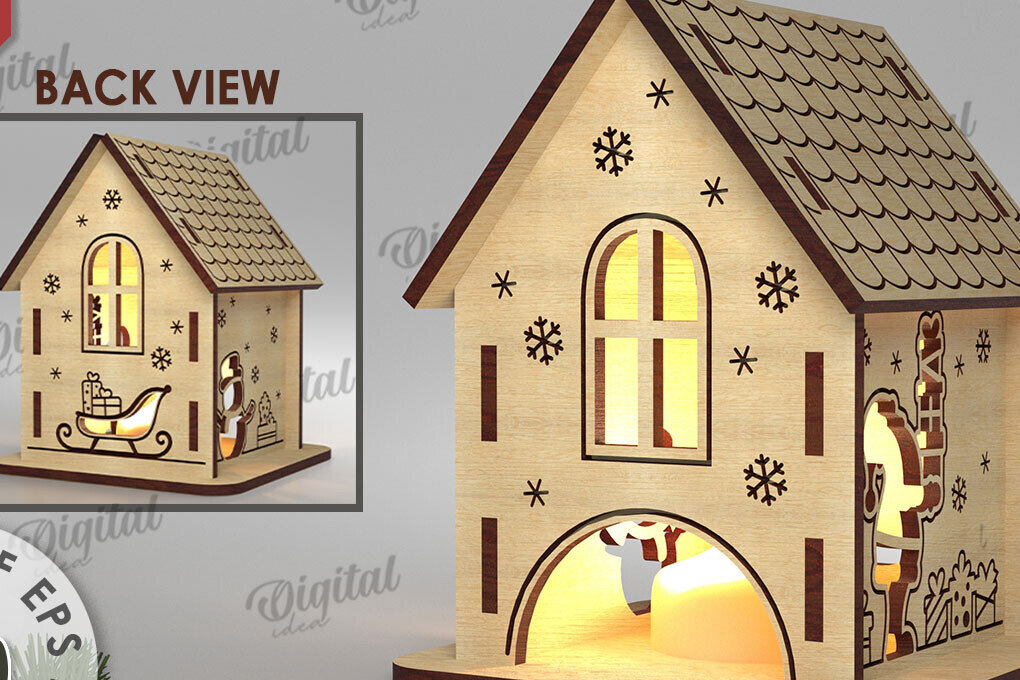 Σετ των 2 Intra απο ξύλο plywood 3mm-4mm πάχος Χριστουγεννιάτικο Σπίτι Κηροπήγιο Δίασταση 15x15 cm INTRAFABR-108507042