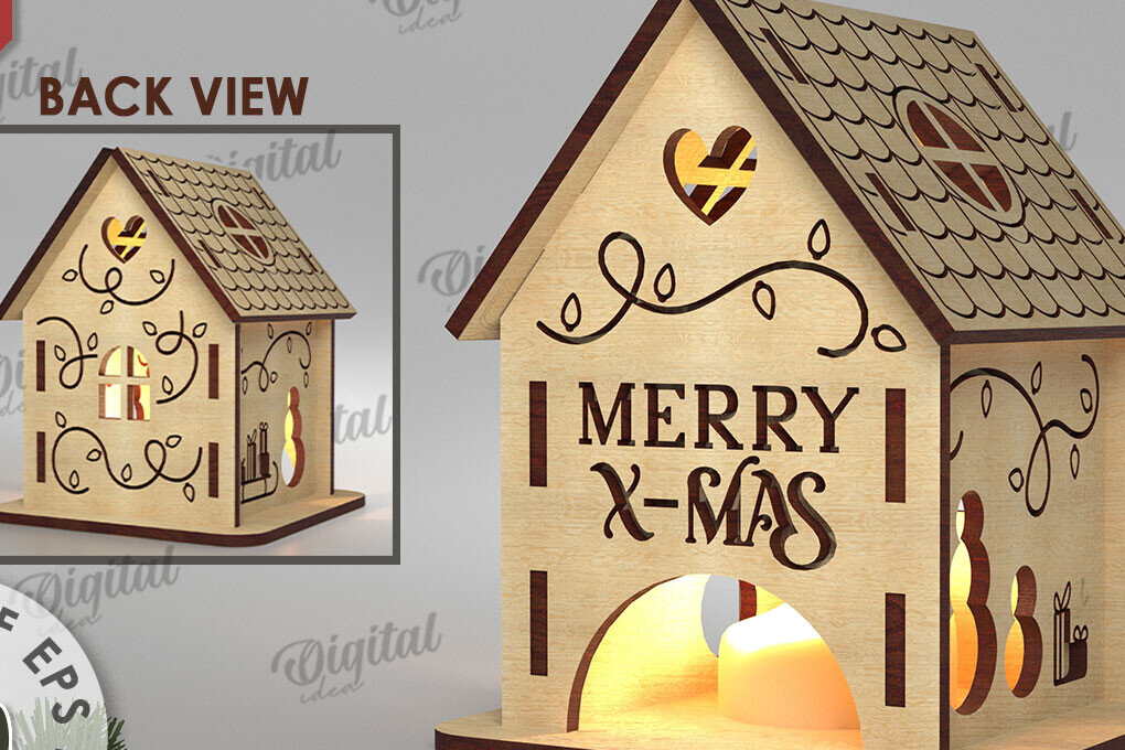 Σετ των 3 Intra απο ξύλο plywood 3mm-4mm πάχος Χριστουγεννιάτικο Σπίτι Κηροπήγιο Δίασταση 15x15 cm INTRAFABR-108507350