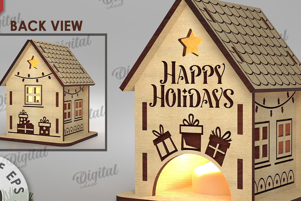 Σετ των 2 Intra απο ξύλο plywood 3mm-4mm πάχος Χριστουγεννιάτικο Σπίτι Κηροπήγιο Δίασταση 15x15 cm INTRAFABR-108507493