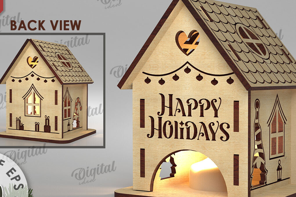 Σετ των 2 Intra απο ξύλο plywood 3mm-4mm πάχος Χριστουγεννιάτικο Σπίτι Κηροπήγιο Δίασταση 15x15 cm INTRAFABR-108507691