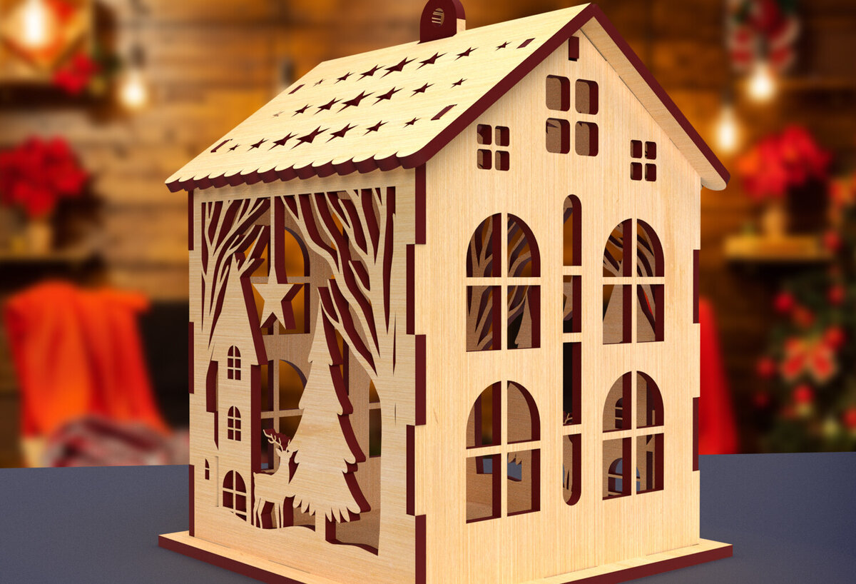 Σετ των 3 Intra απο ξύλο plywood 3mm-4mm πάχος Χριστουγεννιάτικο Σπίτι 04 Δίασταση 15x15 cm INTRAFABR-82065082