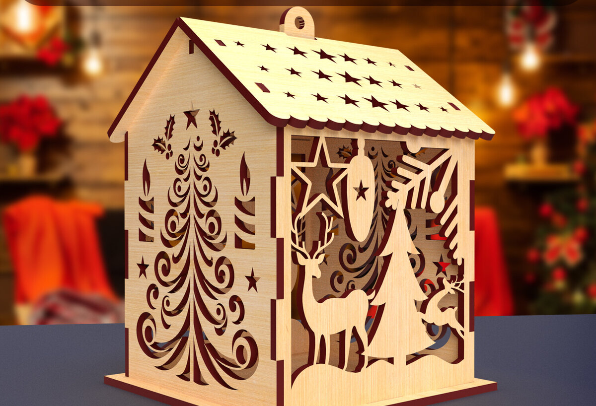 Σετ των 3 Intra απο ξύλο plywood 3mm-4mm πάχος Cut Χριστουγεννιάτικου Σπίτι με λέιζερ02 Δίασταση 15x15 cm INTRAFABR-82065046