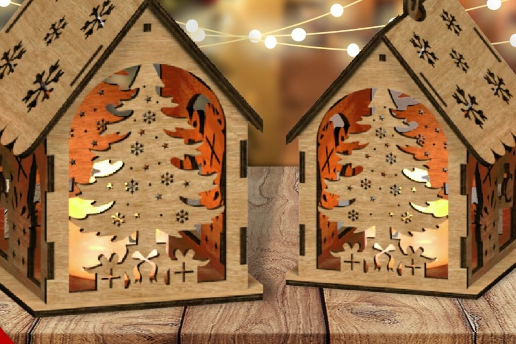 Σετ των 2 Intra απο ξύλο plywood 3mm-4mm πάχος Χριστουγεννιάτικο σπίτι με λέιζερ Δίασταση 15x15 cm INTRAFABR-48287746