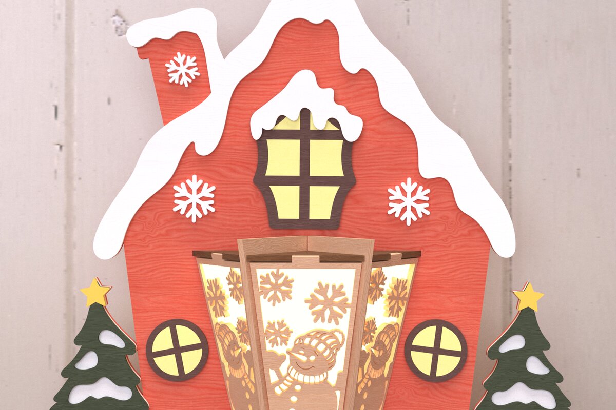 Σετ των 2 Intra απο ξύλο plywood 3mm-4mm πάχος Χριστουγεννιάτικο σπίτι με φανάρι χιονάνθρωπος Δίασταση 30x20 cm INTRAFABR-108902511