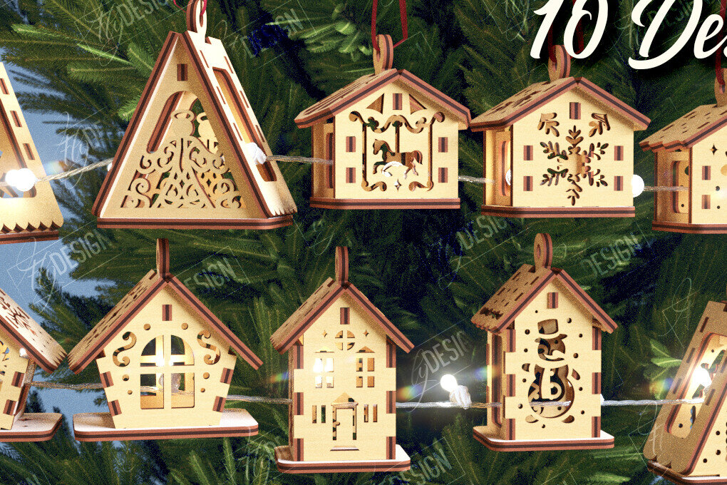 Σετ των 2 Intra απο ξύλο plywood 3mm-4mm πάχος Χριστουγεννιάτικα Σπίτια Γιρλάντα | CNC Δίασταση 15x15 cm INTRAFABR-106663793