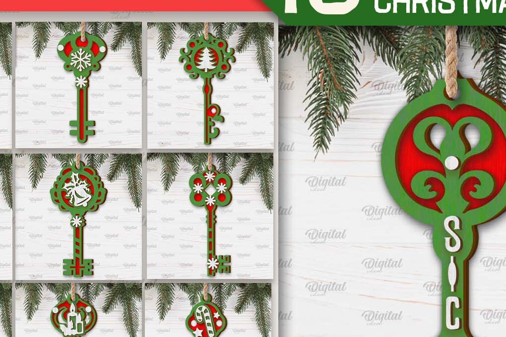 Σετ των 3 Intra απο ξύλο plywood 3mm-4mm πάχος Χριστουγεννιάτικα στολίδια με κλειδιά  Δίασταση 8x8 cm INTRAFABR-103296880