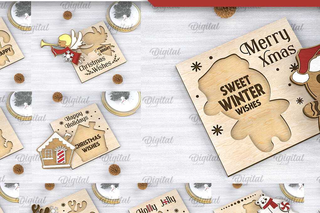 Σετ των 2 Intra απο ξύλο plywood 3mm-4mm πάχος Χριστουγεννιάτικες Παιδικές Κάρτες  Δίασταση 15x15 cm INTRAFABR-106601891