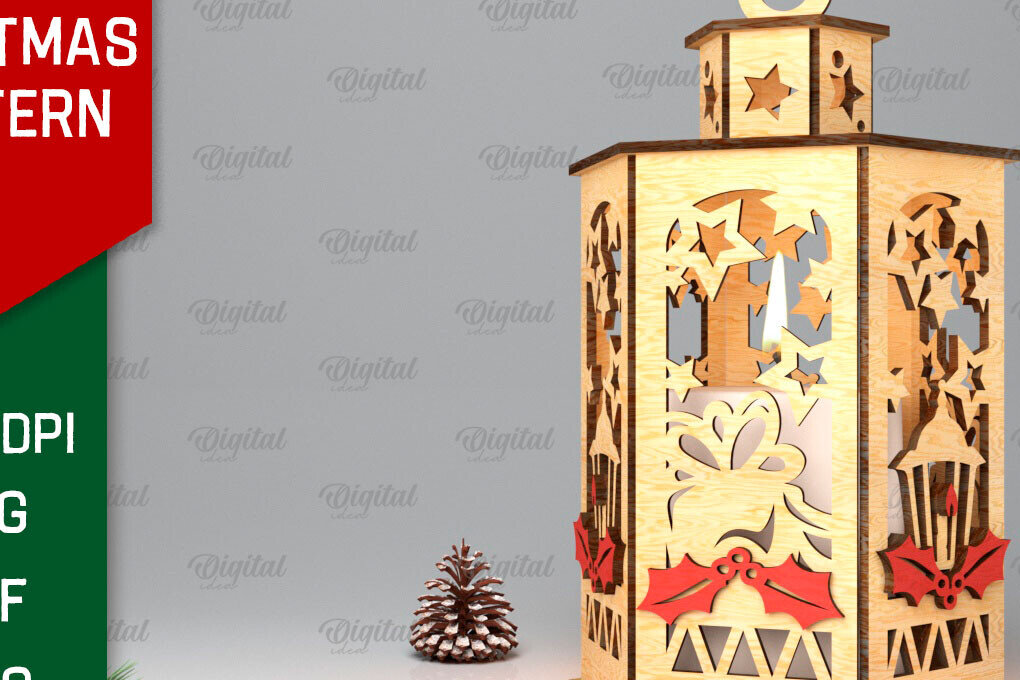 Σετ των 2 Intra απο ξύλο plywood 3mm-4mm πάχος Σχέδιο κοπής χριστουγεννιάτικου φαναριού με λέιζερ Δίασταση 15x15 cm INTRAFABR-106534727