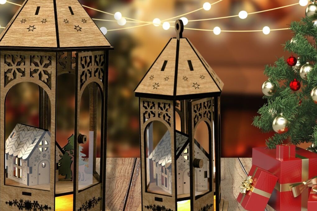 Σετ των 2 Intra απο ξύλο plywood 3mm-4mm πάχος Χριστουγεννιάτικο φανάρι Δίασταση 15x15 cm INTRAFABR-48292279