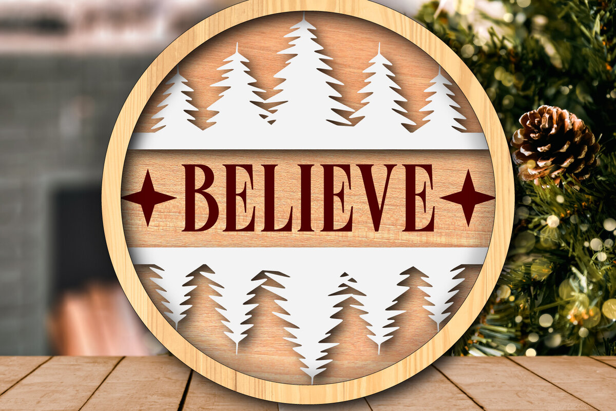Σετ των 3 Intra απο ξύλο plywood 3mm-4mm πάχος Χριστουγεννιάτικο σχέδιο κοπής με λέιζερ "Believe". Δίασταση 4x4 cm INTRAFABR-117890512