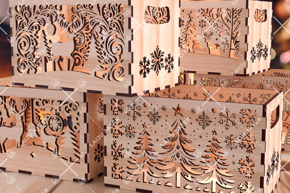 Σετ των 3 Intra απο ξύλο plywood 3mm-4mm πάχος Χριστουγεννιάτικο κουτί αποθήκευσης κοπής με λέιζερ Δίασταση 5x5 cm INTRAFABR-107428596