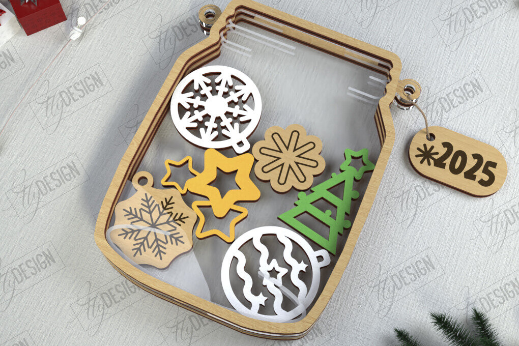 Σετ των 3 Intra απο ξύλο plywood 3mm-4mm πάχος Χριστουγεννιάτικο βάζο Mason | Πινακίδα διακοπών | CNC Δίασταση 15x15 cm INTRAFABR-111311384