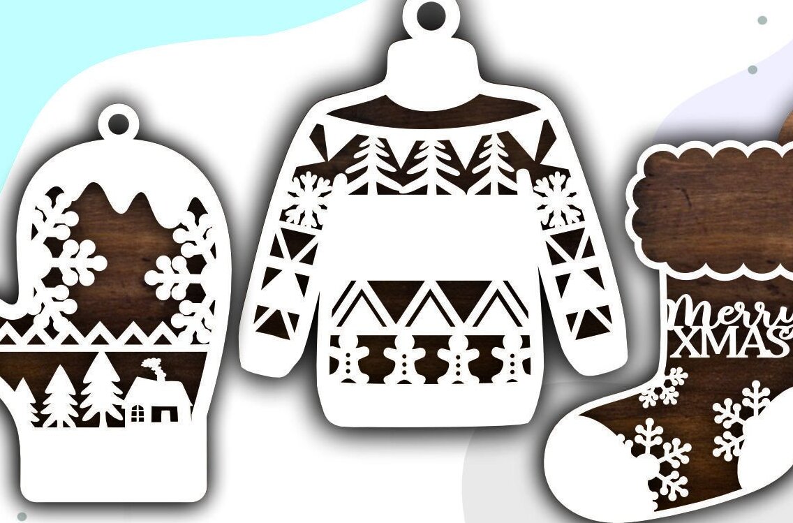 Σετ των 3 Intra απο ξύλο plywood 3mm-4mm πάχος Christmas Mitten , Χριστουγεννιάτικο πουλόβερ Δίασταση 15x15 cm INTRAFABR-43381177