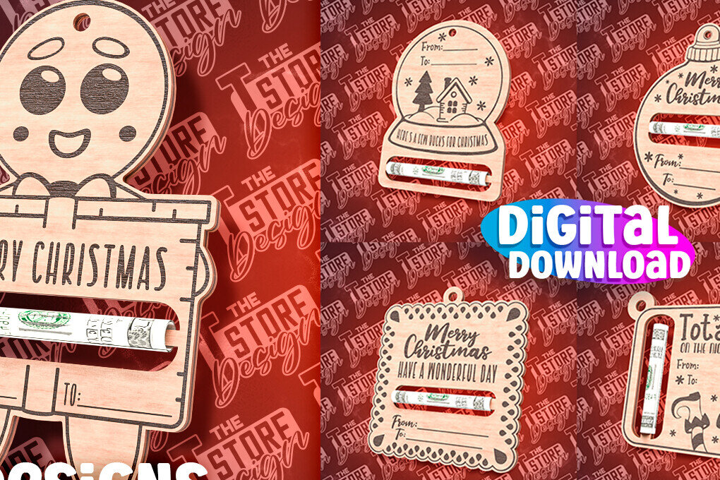 Σετ των 2 Intra απο ξύλο plywood 3mm-4mm πάχος Χριστουγεννιάτικο Money Holder Cut  | CNC Δίασταση 15x15 cm INTRAFABR-85897431