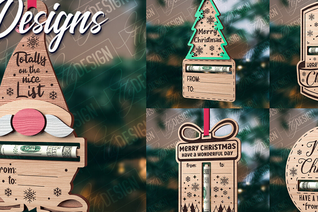 Σετ των 2 Intra απο ξύλο plywood 3mm-4mm πάχος Χριστουγεννιάτικο Money Holder Cut  | CNC Δίασταση 15x15 cm INTRAFABR-85897437