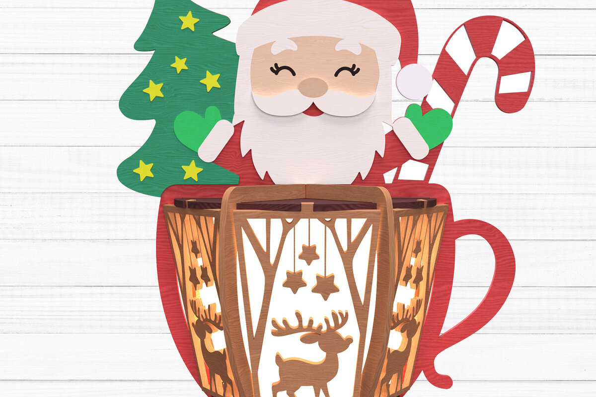 Intra απο ξύλο plywood 3mm-4mm πάχος Χριστουγεννιάτικη Κούπα Σάντα Φανάρι διακόσμηση Δίασταση 30x20 cm INTRAFABR-109837245