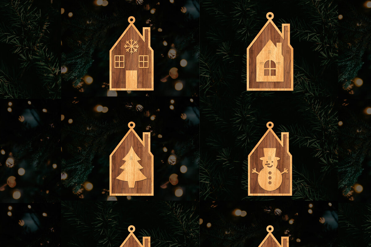Σετ των 3 Intra απο ξύλο plywood 3mm-4mm πάχος Χριστουγεννιάτικο Στολίδι Κτίριο κομμένο Δίασταση 8x8 cm INTRAFABR-111352911