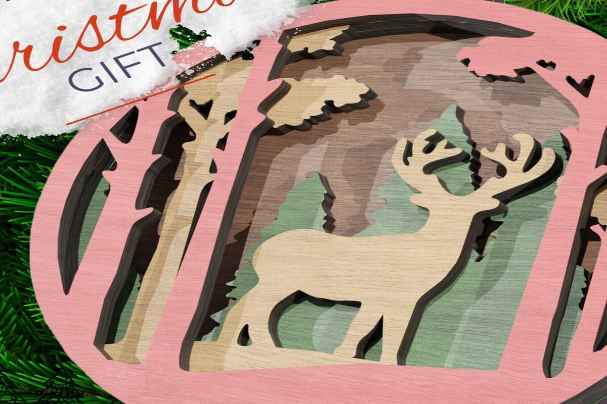 Σετ των 3 Intra απο ξύλο plywood 3mm-4mm πάχος Χριστουγεννιάτικο στολίδι Ελάφια στο δάσος Δίασταση 8x8 cm INTRAFABR-113819164