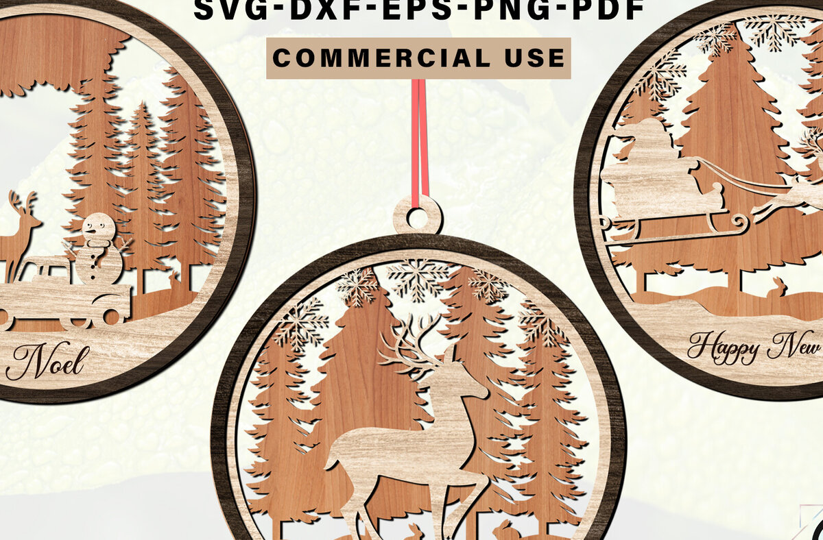 Σετ των 3 Intra απο ξύλο plywood 3mm-4mm πάχος Χριστουγεννιάτικο στολίδι με κομμένο με λέιζερ Δίασταση 8x8 cm INTRAFABR-80559364