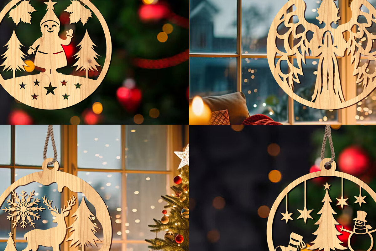Σετ των 3 Intra απο ξύλο plywood 3mm-4mm πάχος Χριστουγεννιάτικο στολίδι Δίασταση 8x8 cm INTRAFABR-108886528