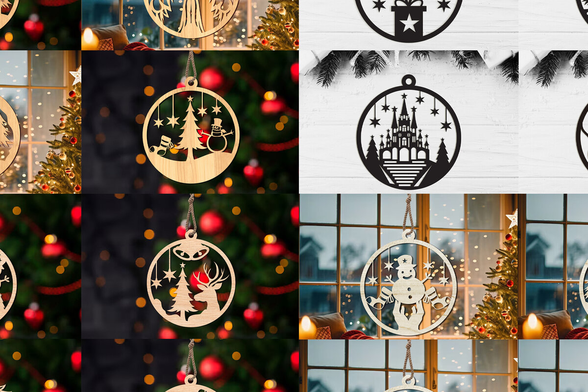 Σετ των 3 Intra απο ξύλο plywood 3mm-4mm πάχος Χριστουγεννιάτικο στολίδι Δίασταση 8x8 cm INTRAFABR-108937699