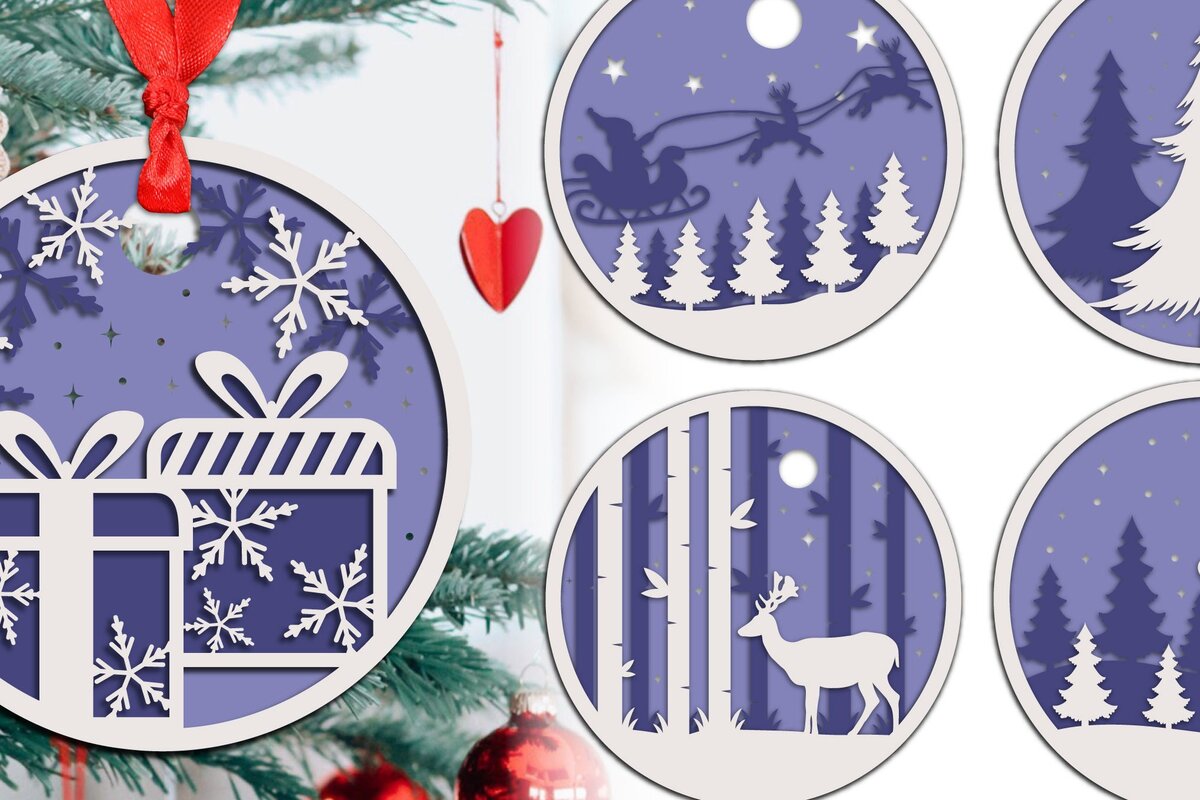 Σετ των 3 Intra απο ξύλο plywood 3mm-4mm πάχος Χριστουγεννιάτικα στολίδια με στρώσεις Δίασταση 8x8 cm INTRAFABR-37893242